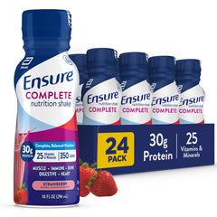 Ensure Complete Strawberry shake bottle displaying 30g protein and 350 calories for balanced nutrition