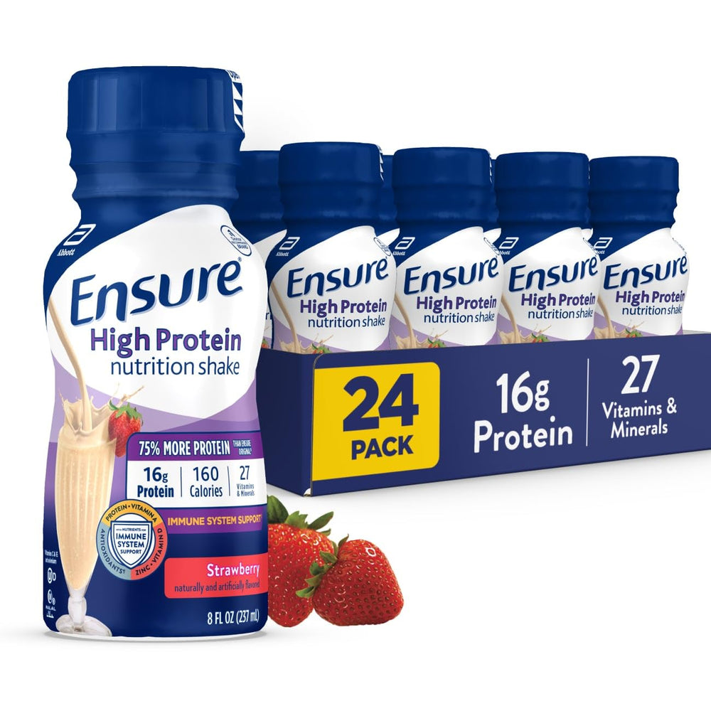Ensure High Protein Strawberry bottle front highlights 16 g protein per serving for active users.