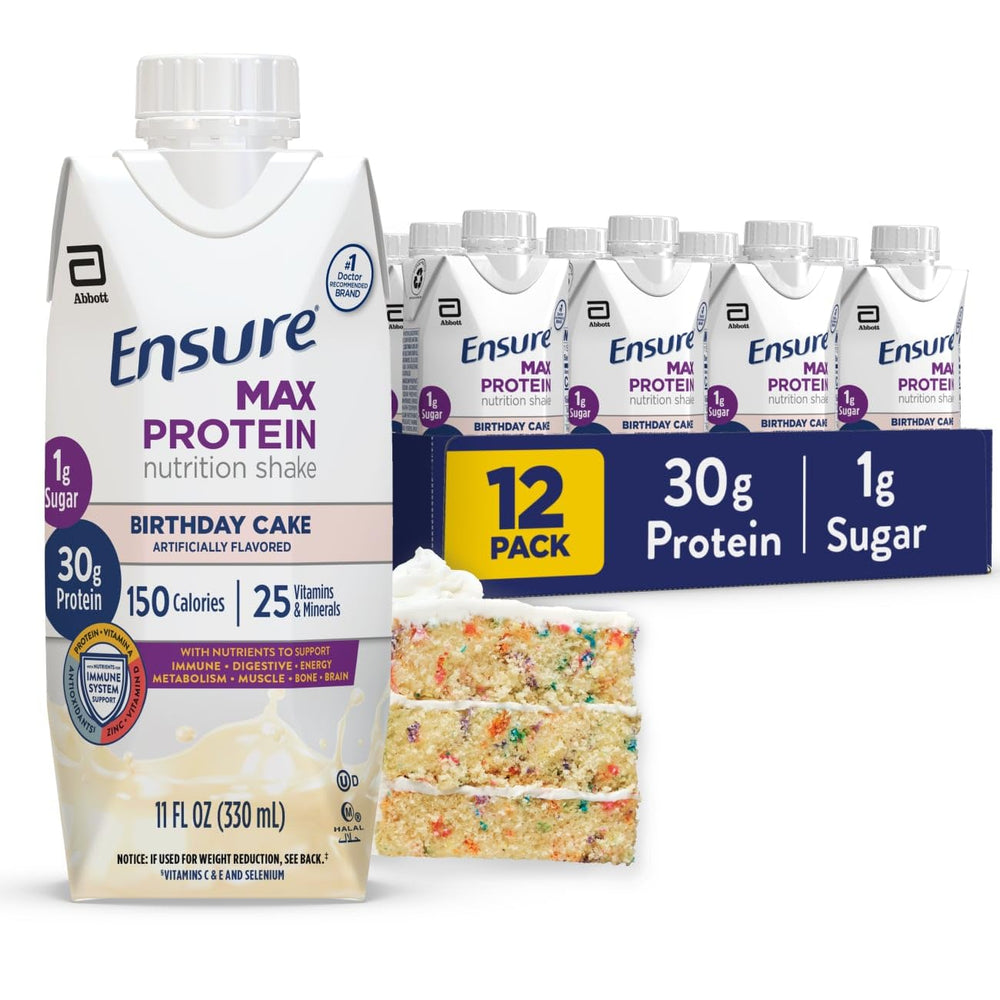 Ensure Max Protein Shake Birthday Cake bottle pour supports muscle health and post-workout refuel.