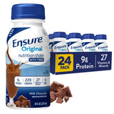 Ensure Original Milk Chocolate bottle pour shows on-the-go nutrition for busy days.
