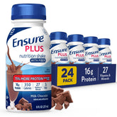 Ensure Plus milk chocolate nutrition shake bottle label close-up for on-the-go fueling.