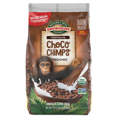 EnviroKidz Choco Chimps cereal in a bowl with crunchy whole-grain puffs.