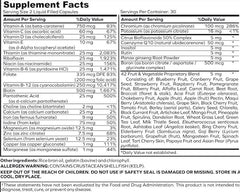 Envitamin Ultimate multivitamin contents label shows 42-fruit blend and key vitamins.