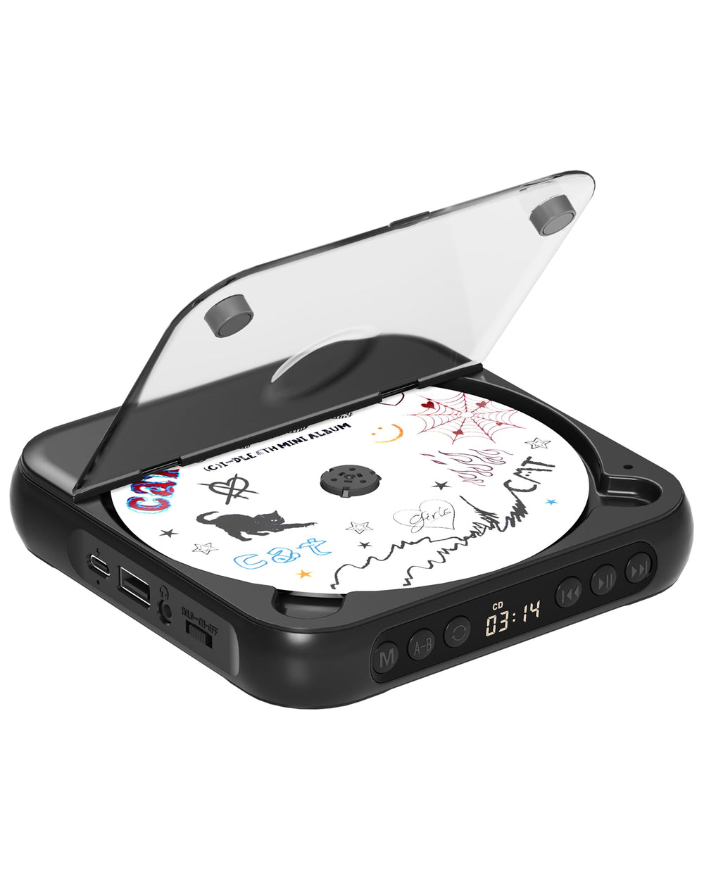 ENVYCLOUD portable CD player front view shows compact design for travel and everyday listening.