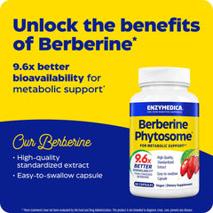 Label close-up on Enzymedica Berberine Phytosome highlighting 9.6x bioavailability.