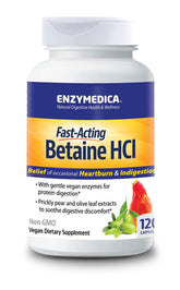 Enzymedica Betaine HCl bottle front shows vegan digestion support for occasional heartburn.