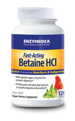 Enzymedica Betaine HCl bottle front shows vegan digestion support for occasional heartburn.