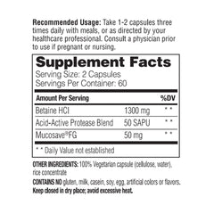 Close-up of Enzymedica Betaine HCl capsules highlighting vegetarian enzymes for protein digestion.