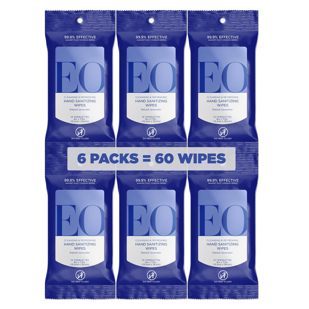 EO Hand Cleansing Wipes Lavender Pop in a resealable pouch for on-the-go sanitizing