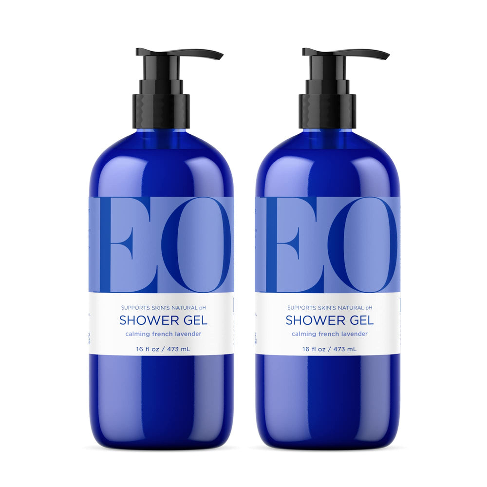EO Lavender Shower Gel bottle pouring for relaxing, hydrating shower routine