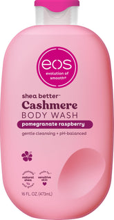eos Cashmere Body Wash bottle shows pomegranate-raspberry scent for a refreshing shower