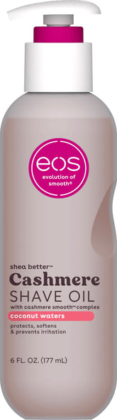 EOS Cashmere Shave Oil Coconut Waters bottle for smooth, nourishing shave.