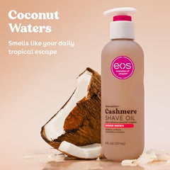 Pouring EOS Cashmere Shave Oil Coconut Waters for easy glide.