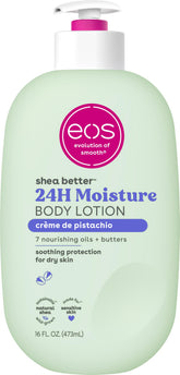 EOS Creme de Pistachio Lotion bottle shows all-day hydration