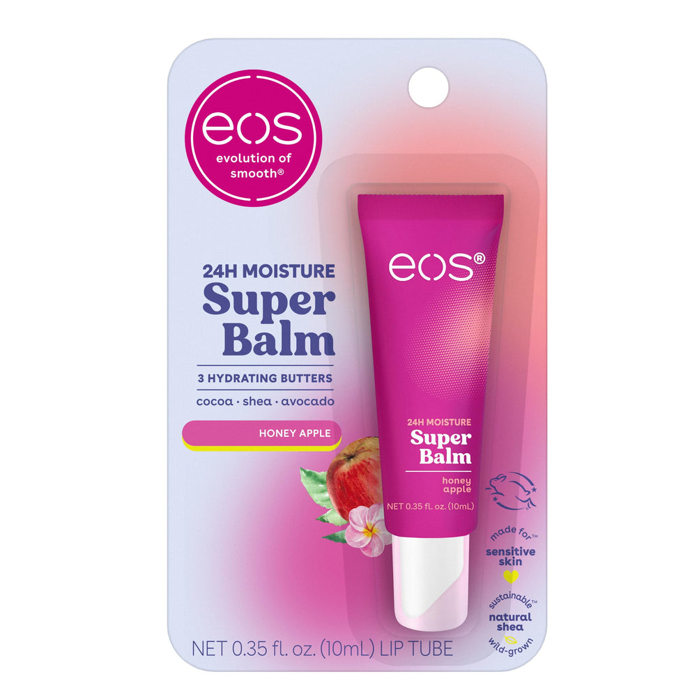 eos Honey Apple balm tube close-up highlighting rich hydration for daily lip care.