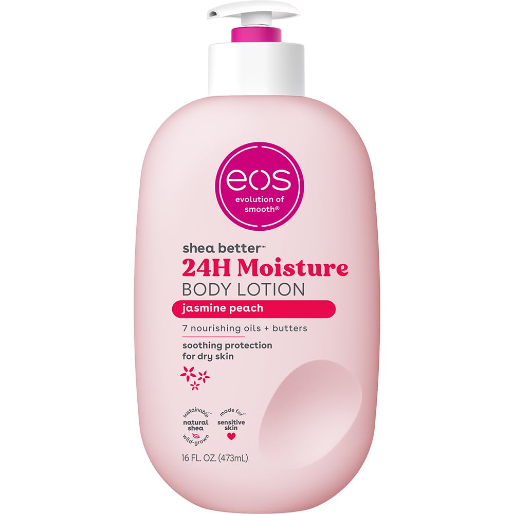 eos Jasmine Peach body lotion bottle shown for lightweight hydration and smooth skin
