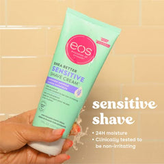 eos Shea Better Sensitive Skin Shave Cream texture closeup highlights fragrance-free, soothing formula