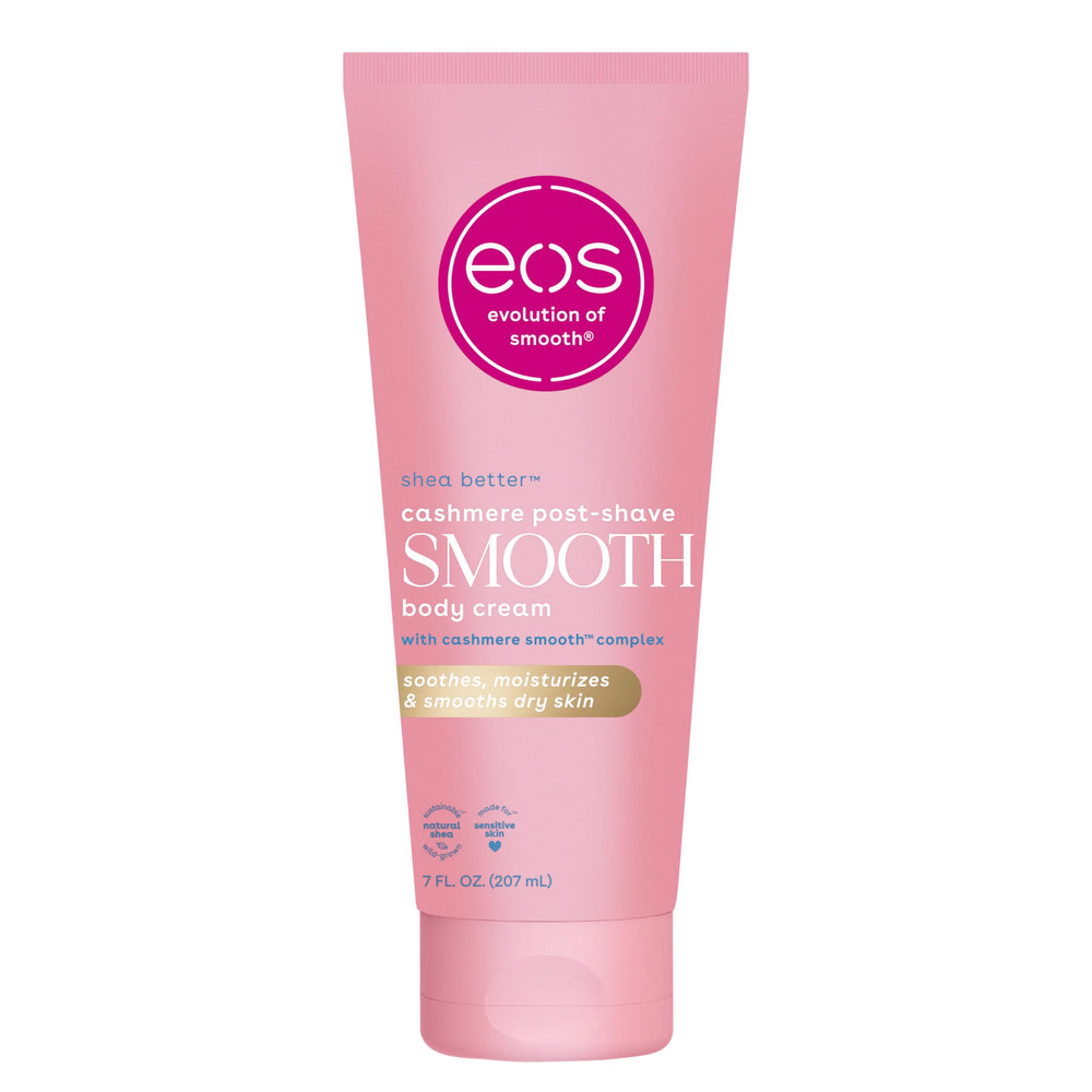 EOS Vanilla Cashmere post-shave bottle showing long-lasting hydration and smooth skin.