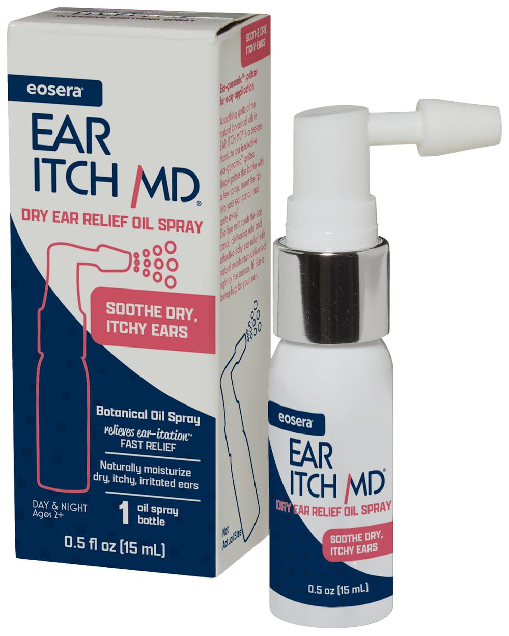 Eosera Ear Itch MD bottle pour showing easy-to-use drops for itch relief and moisture