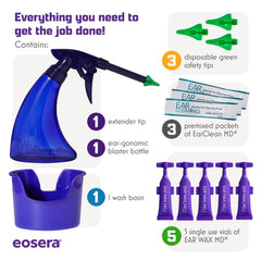 Eosera extender tip enabling precise, comfortable ear rinsing.