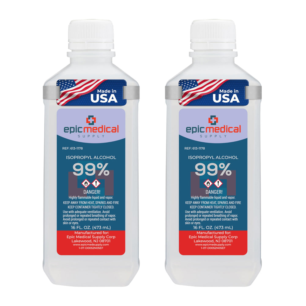 Epic Medical Supply 99% isopropyl alcohol bottle front for general cleaning.