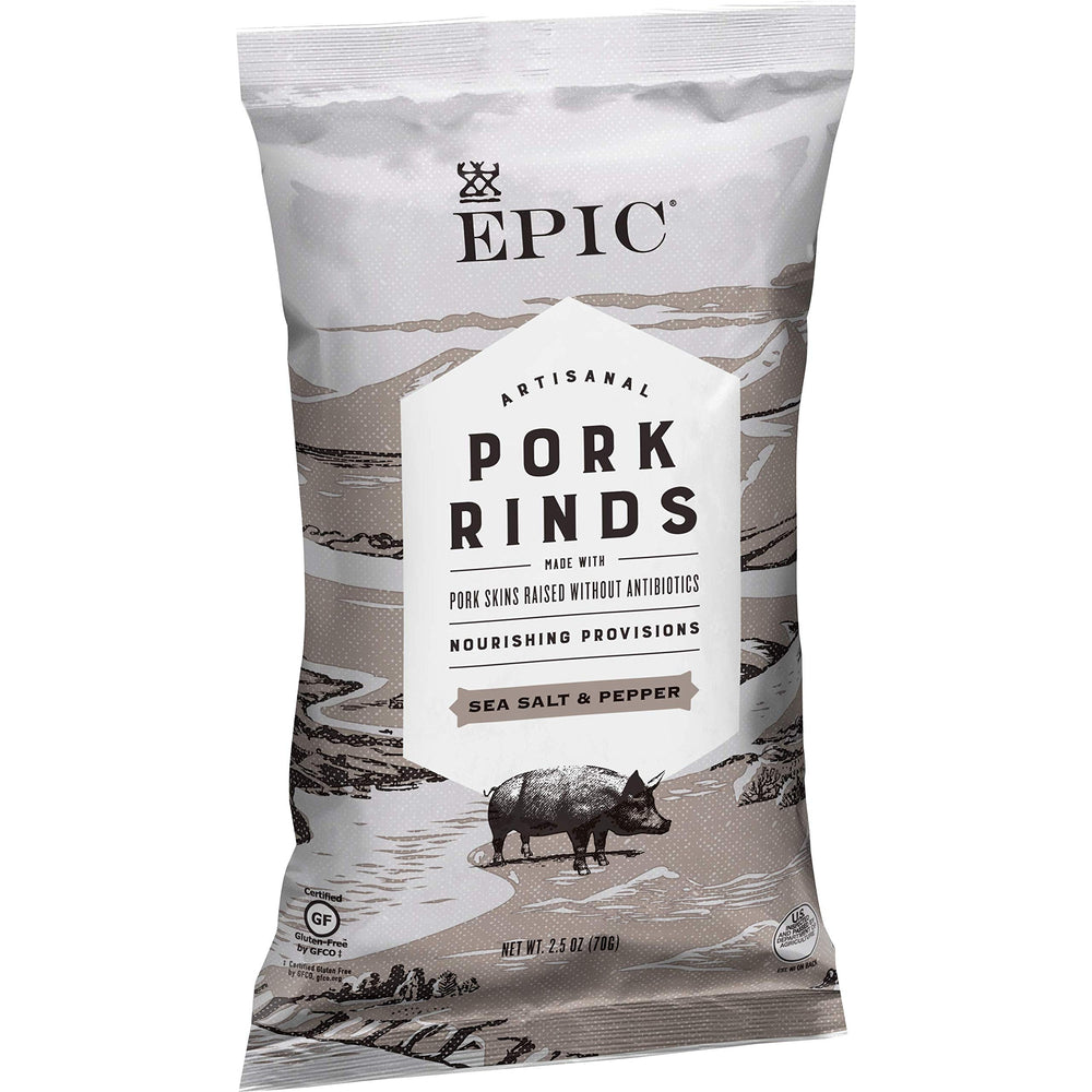 EPIC sea salt and pepper pork rinds appear crisp for on the go snacking