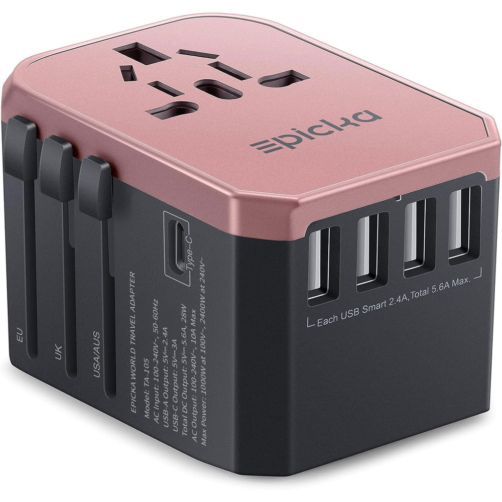 EPICKA universal travel adapter rose gold front view for multi-device charging on the go