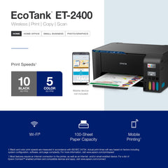 ET-2400 rear-feed tray image indicates 100-sheet capacity for busy days.