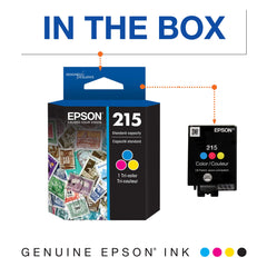 Epson T215530-S color ink drops showing cyan, magenta, and yellow hues