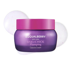 EQQUALBERRY Bakuchiol Plumping Capsule Cream bottle highlights premium packaging and potential firming benefits.