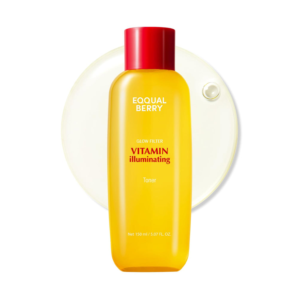 EQQUALBERRY Vitamin Illuminating Toner glass bottle closeup highlighting radiant skin prep