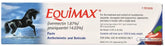 Equimax horse dewormer paste tube with syringe shows apple flavor for easy dosing.