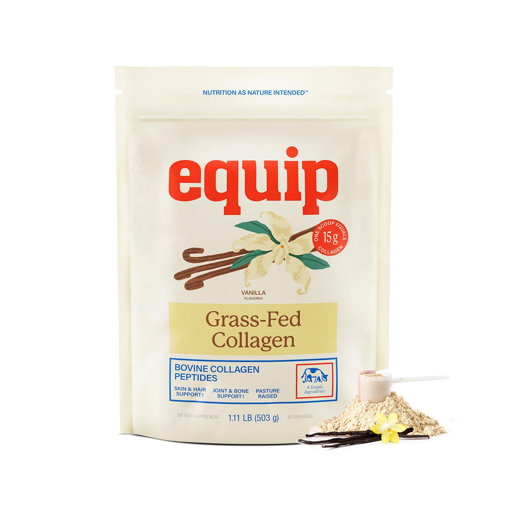 Equip Grass Fed Collagen Powder bottle close-up highlighting joint and skin support.