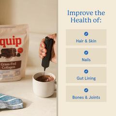 Equip Grass-Fed Collagen Powder glass with drink — easy to mix into shakes.