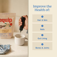 Equip Grass-Fed Collagen Powder being poured into a shake for amino acids.