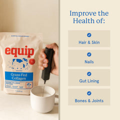 Equip Grass-Fed Collagen Powder tub label highlighting non-GMO and paleo friendly attributes.