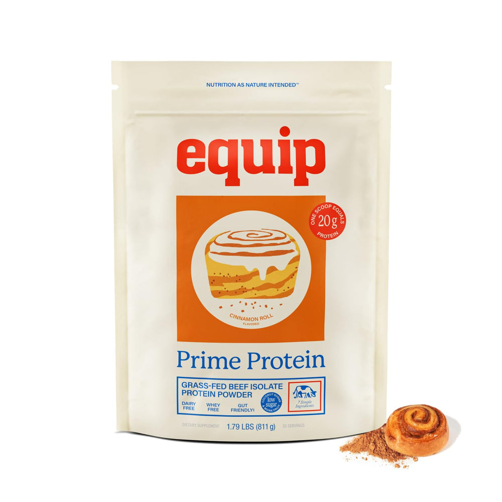 Equip Prime Protein cinnamon roll canister on counter for a protein-packed smoothie.