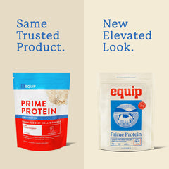 Equip Prime Protein Powder bottle back highlights clean ingredients and allergens