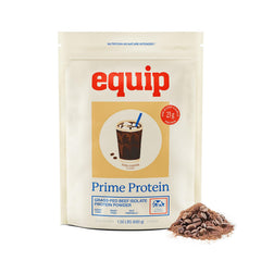 Equip Prime Protein Powder iced coffee tub shows sugar-free, keto-friendly protein option