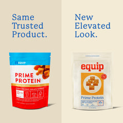 Equip Prime Protein Powder salted caramel shake with glass for post-workout fuel