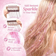 EROADE Hair Tinsel clip detail with metal clip showing tool-free installation