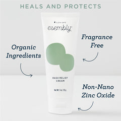 Organic ingredients panel highlights fragrance-free formula for baby skin.