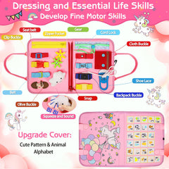 Esjay Busy Board soft-fabric-handle design is portable for travel and quiet learning.
