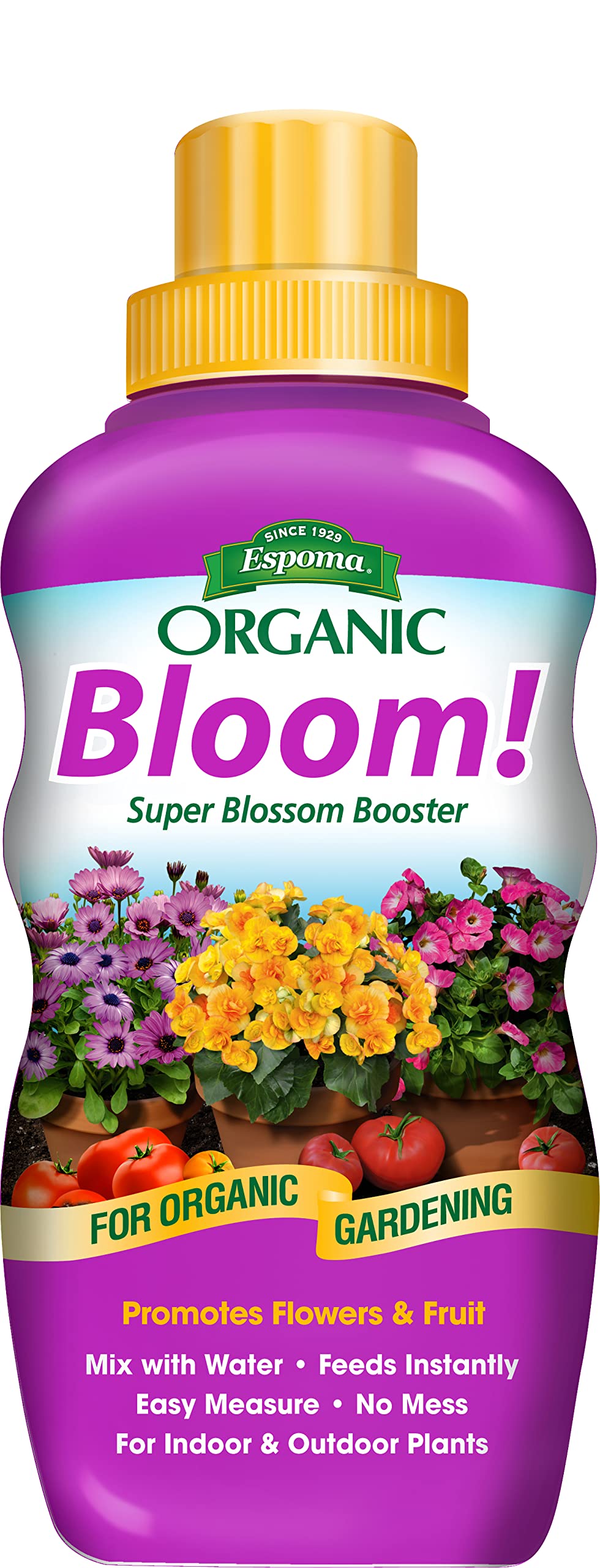 Espoma Bloom! bottle pouring into a plant to support bloom growth