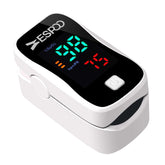 ESPOO fingertip pulse oximeter display for quick SpO2 and pulse readings during workouts.
