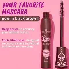 essence Lash Princess Mascara Brown applying to lashes for length and definition.