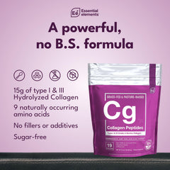 Essential Elements collagen powder in glass water demonstrates easy blending into beverages.