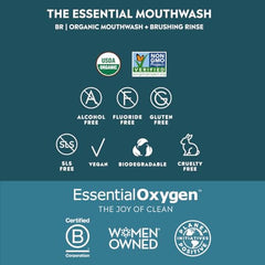 Pouring Essential Oxygen Brushing Rinse signals easy morning mouthcare routine.