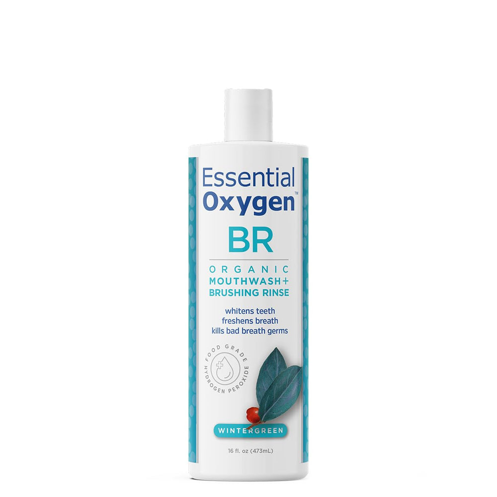 Essential Oxygen Brushing Rinse bottle shows wintergreen flavor for a brighter smile.