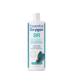 Essential Oxygen Brushing Rinse bottle shows wintergreen flavor for a brighter smile.